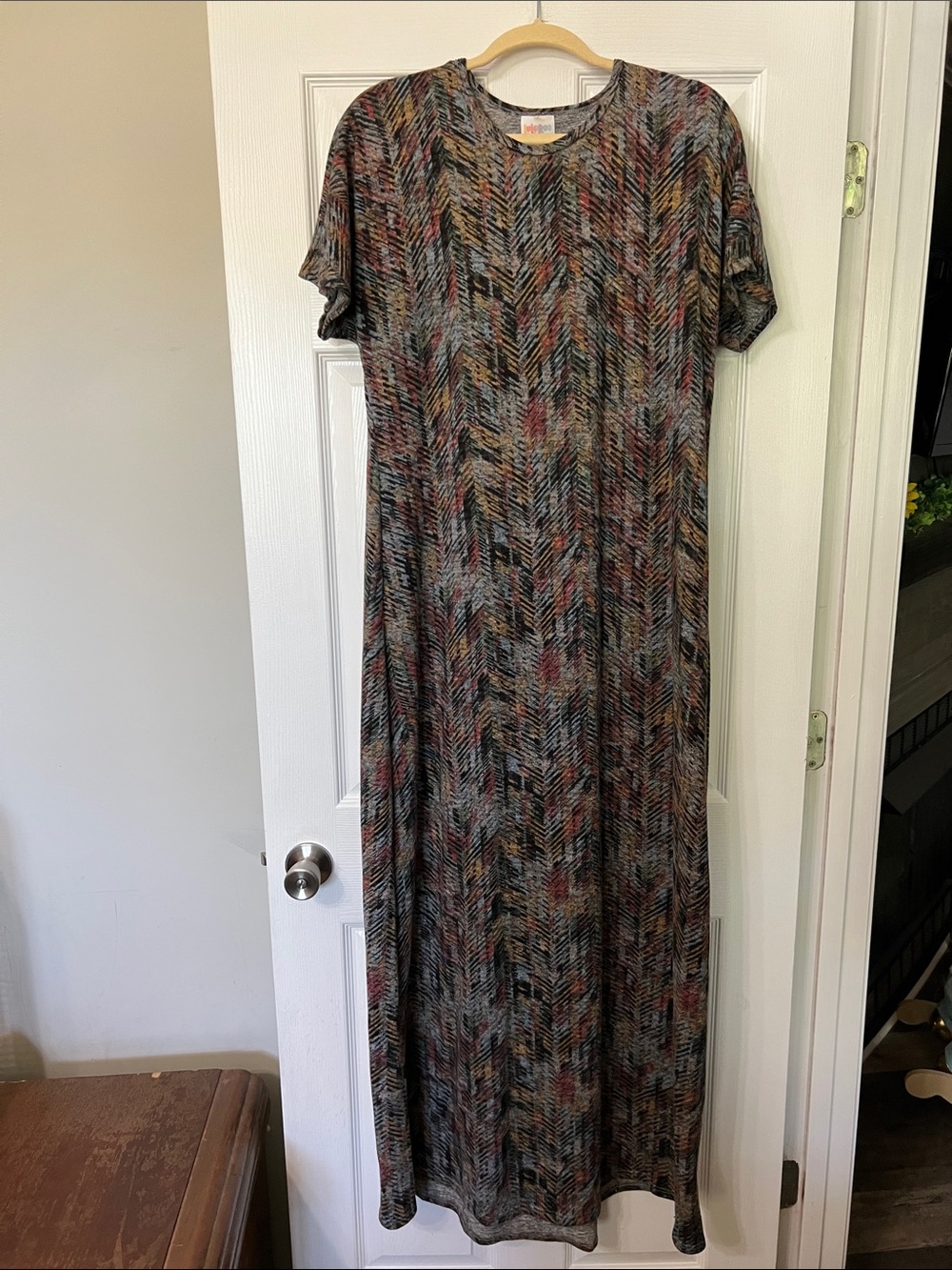 LuLaRoe Maxi Dress in Multi Chevron Neutrals with Rust Accents